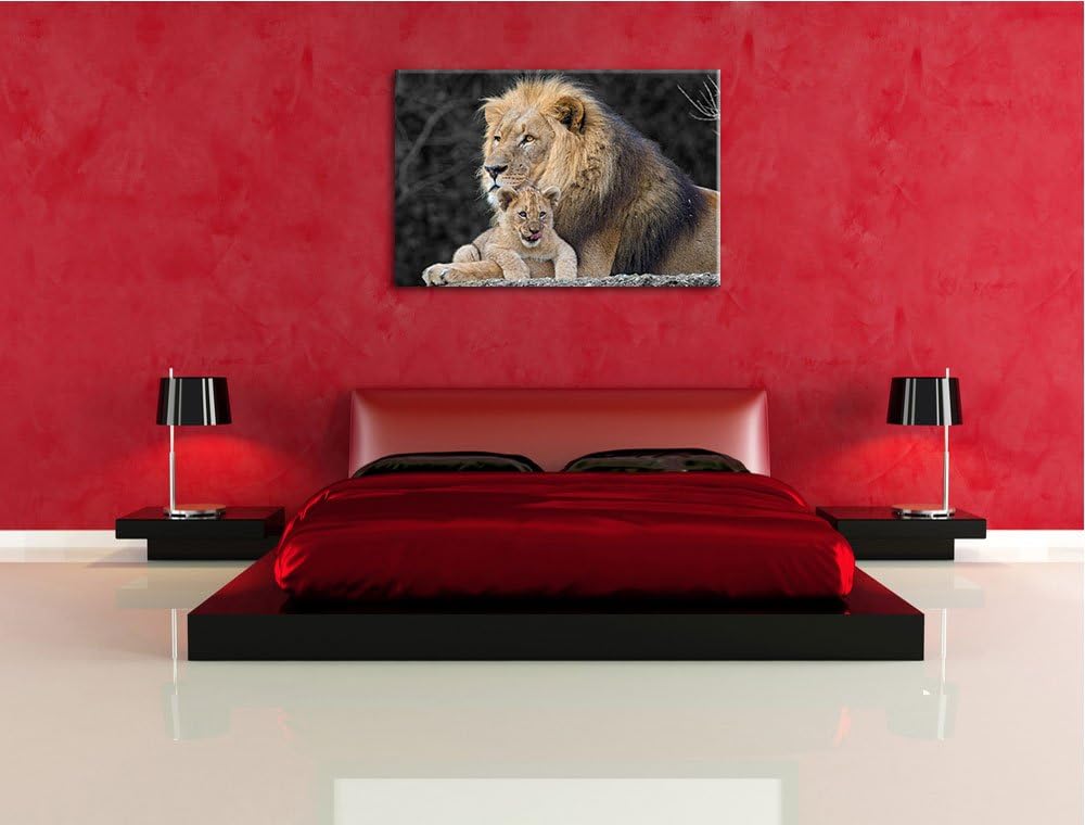 prächtiger Löwe kuschelt mit kleinem Jungtier schwarz/weiss Format: 100x70auf Leinwand, XXL riesige