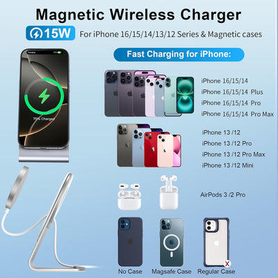 Mag Safe Ladegerät, 3 in 1 Wireless Charger mit 1.5m USBC Kabel, Magnet Induktive Kabellose Ladestat