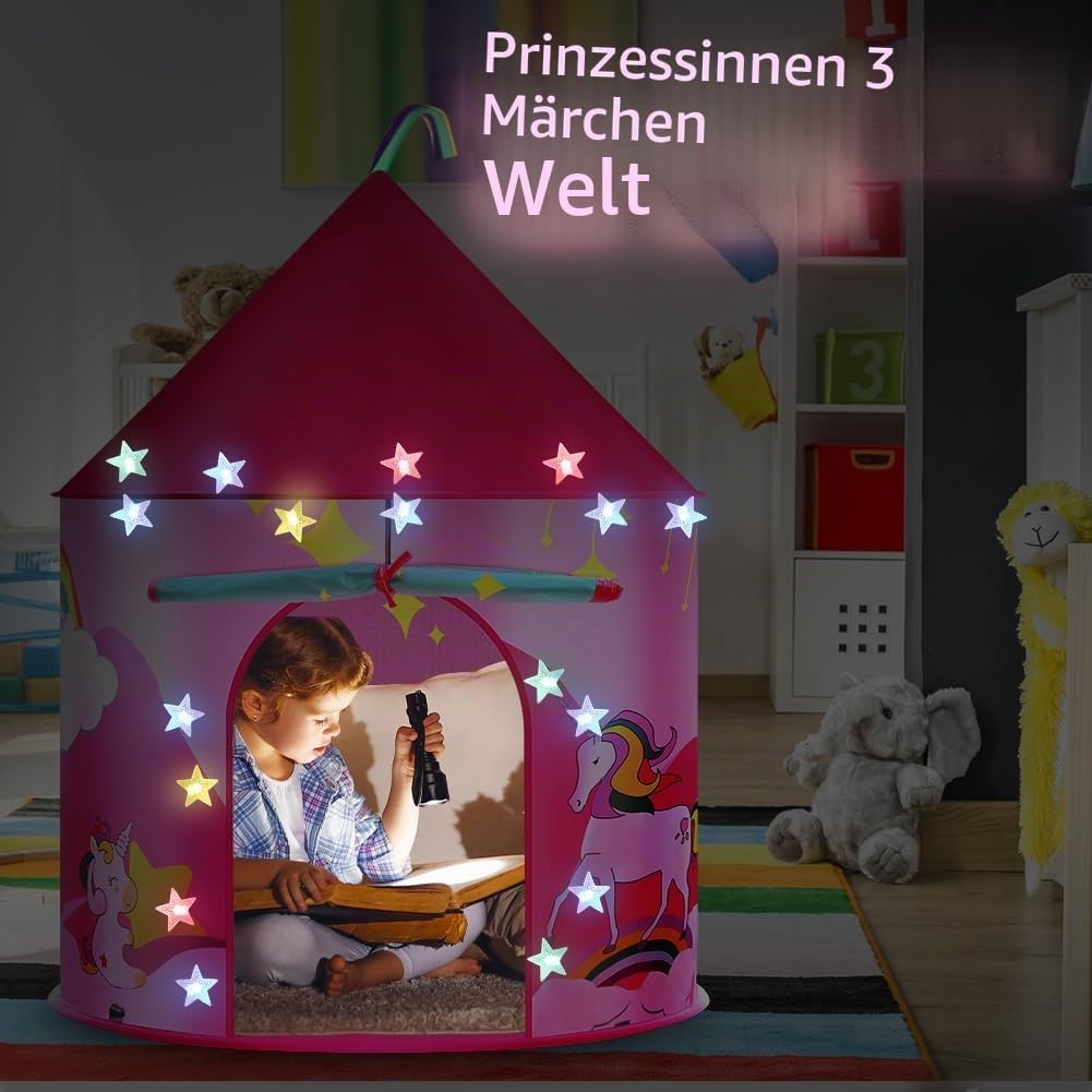 HOTUT Kinder Spielzelt, Prinzessin Zelt Rosa, Kinderzelt Indoor Outdoor mit lichtern und Aufkleber,