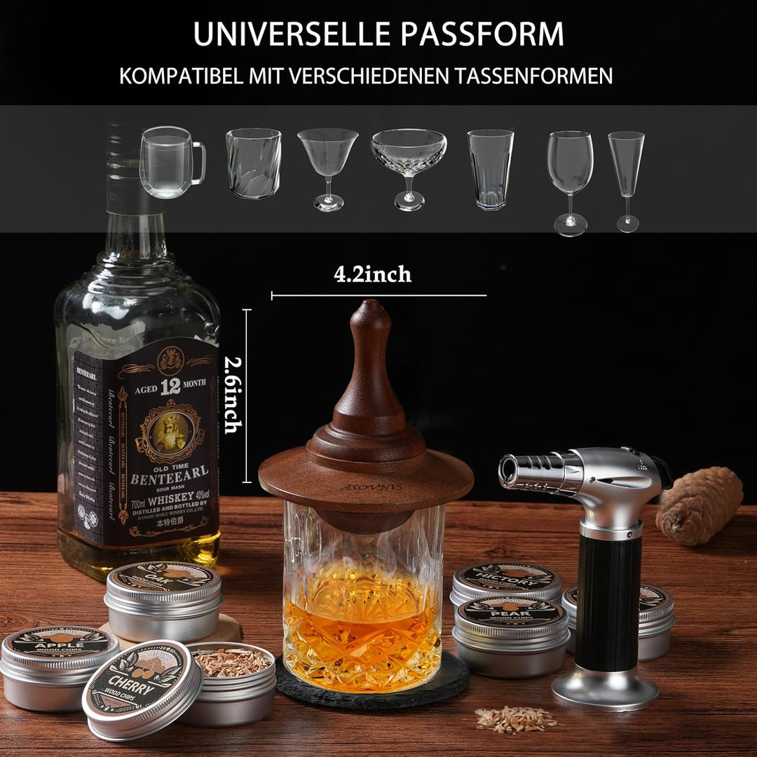 Whisky-Räucherset mit Fackel-6 Geschmacksrichtungen, Holzspäne, 2 Gläser, 6 Whiskysteine, Cocktail-R