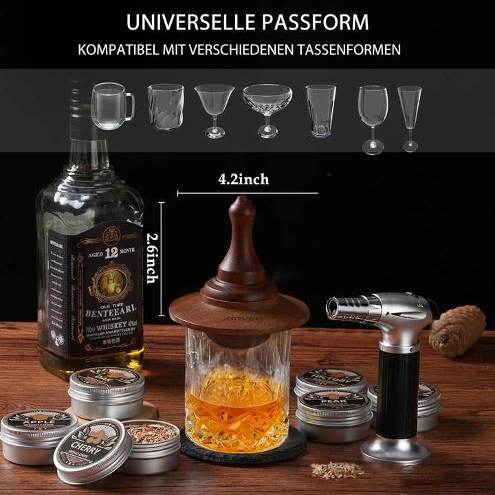 Whisky-Räucherset mit Fackel-6 Geschmacksrichtungen, Holzspäne, 2 Gläser, 6 Whiskysteine, Cocktail-R