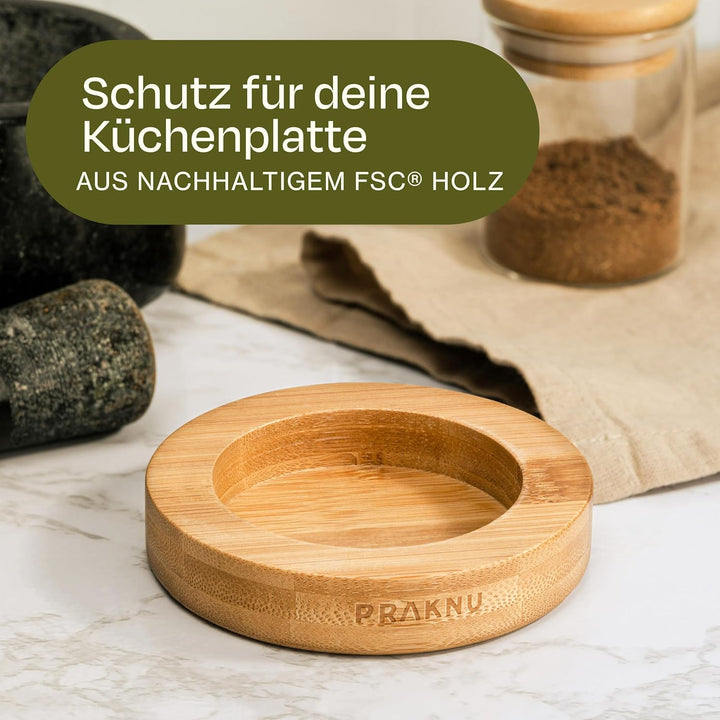 Mörser aus Granit klein mit Stössel - Für ein feines Mahlergebnis - Mit Untersetzer aus nachhaltigem
