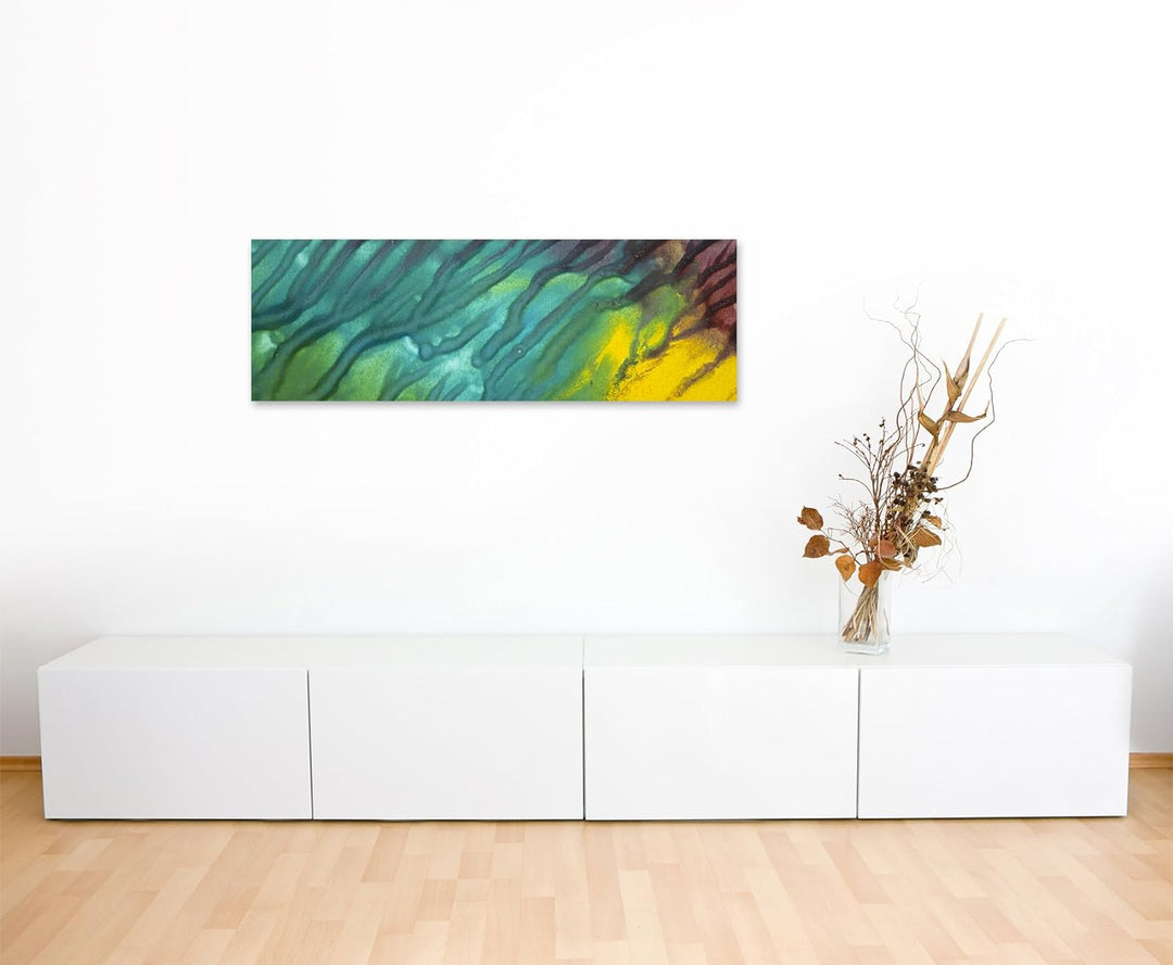 Wandbild 150x50cm Leuchtendes Aquarell mit Struktur auf Leinwand für Wohnzimmer, Büro, Schlafzimmer,