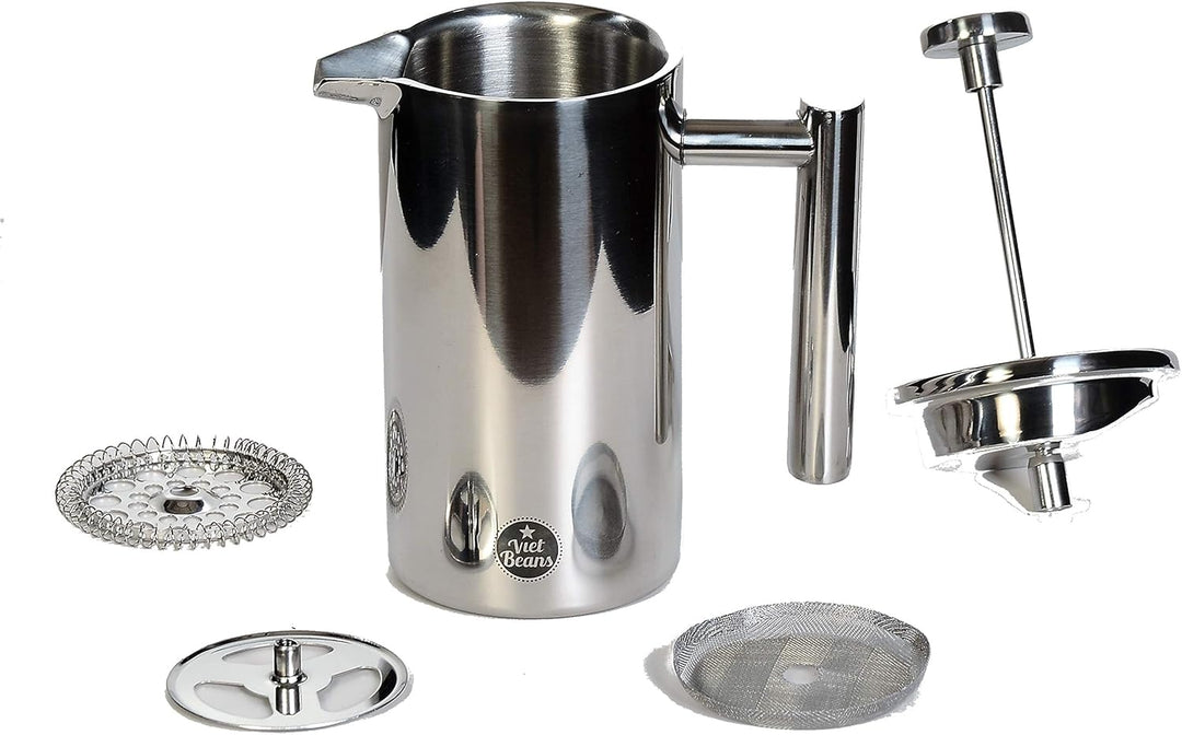 VietBeans French Press – Doppelwandiger Thermo-isolierter Kaffeebereiter Teebereiter - Polierter Ede