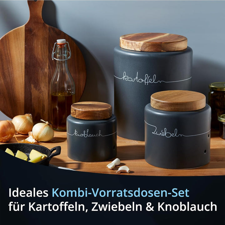 KHG Kartoffel Zwiebel Knoblauch Aufbewahrung 3er Set, Keramik Steingut poliert, Anthrazit Grau Holz