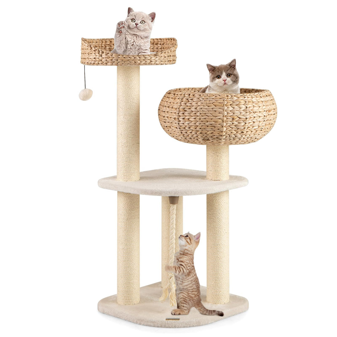 GYMAX Kratzbaum 104 cm, Katzenbaum Rattan mit Korb, Sisalstämme, Hängender Ball &amp; eine Schlinge, Sta