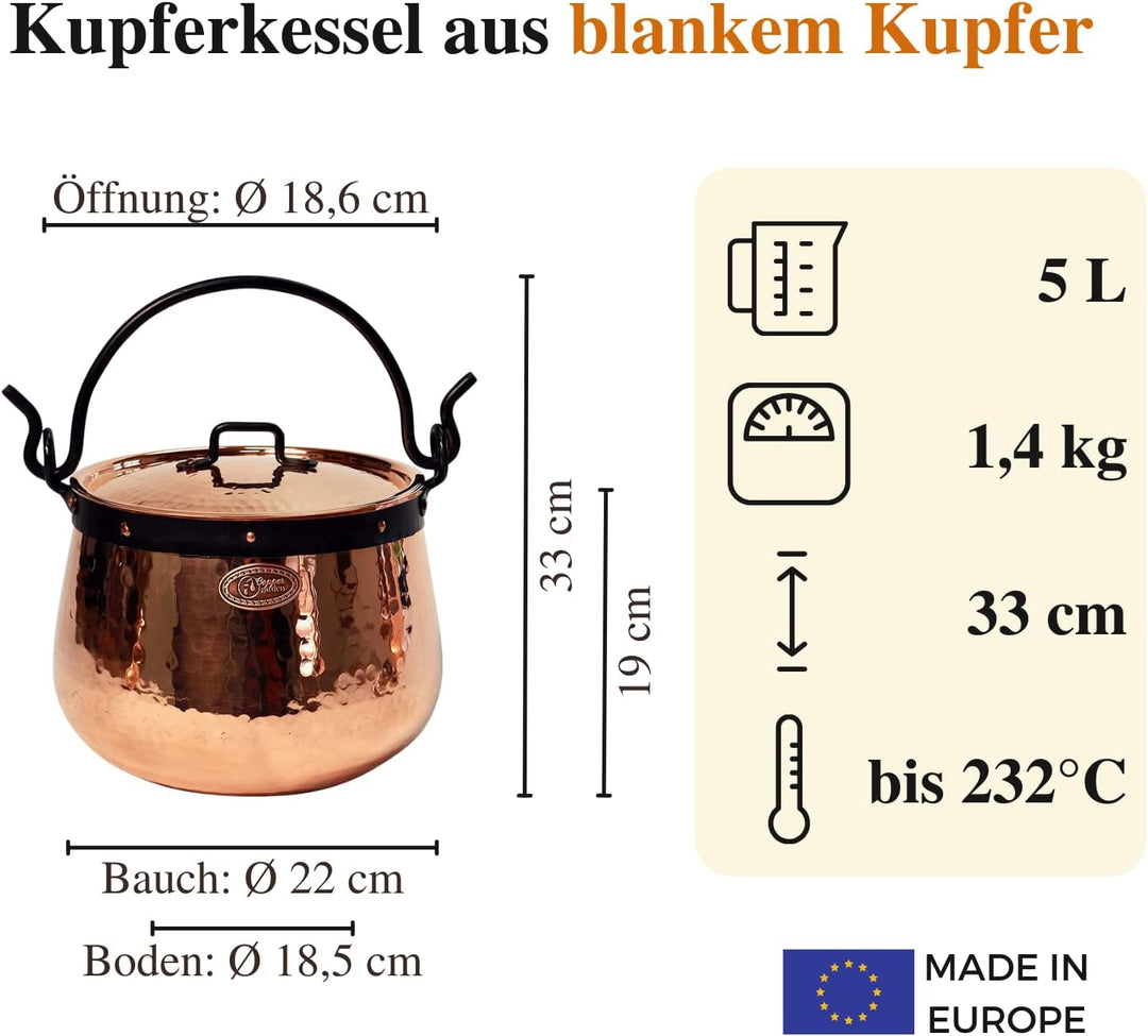 CopperGarden Kupferkessel 5 Liter I Hexenkessel mit Henkel &amp; Deckel I Handgeschmiedeter Kessel aus b