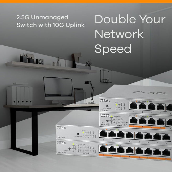 Zyxel 5-Port 2.5G Multi-Gig Unmanaged Switch | 1 x 10G SFP+ | Desktop/Wandmontage [XMG-105] 5 Port |
