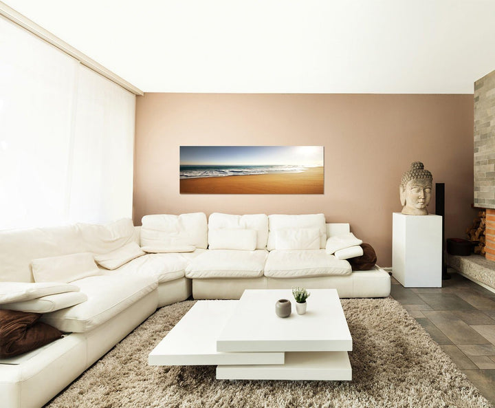 Paul Sinus Art Panoramabild auf Leinwand und Keilrahmen 150x50cm Strand Meer Horizont Sonnenstrahlen