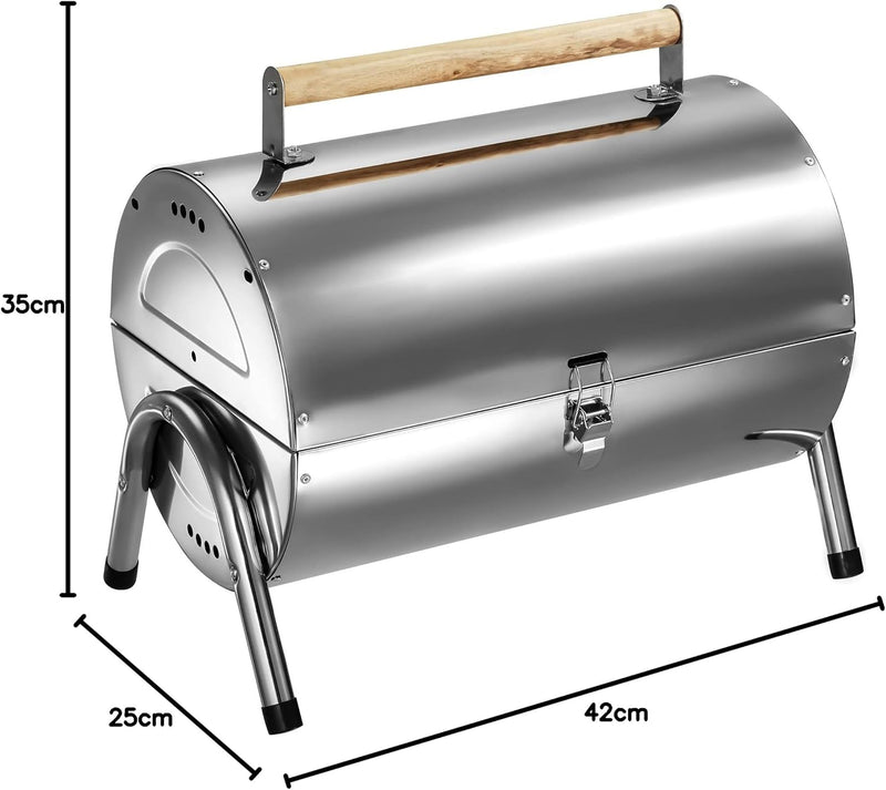 TecTake Edelstahl BBQ Grill mit grosser Doppelgrillfläche Holzkohlegrill Grilltonne Silber