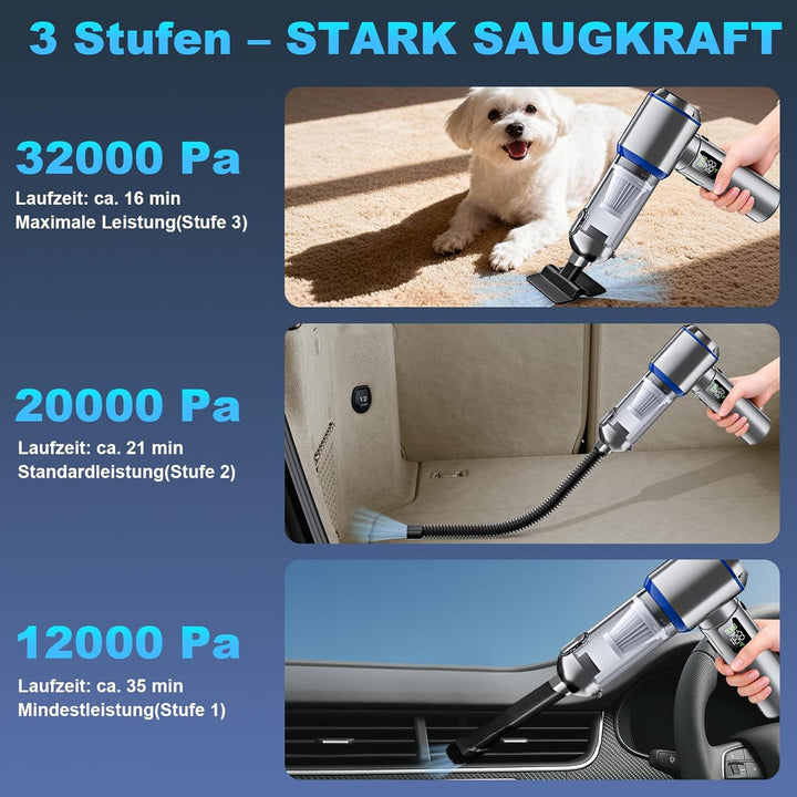 Handstaubsauger Akku, 4-in-1 Handstaubsauger, 32000PA Auto Staubsauger Stark, Handstaubsauger Auto,
