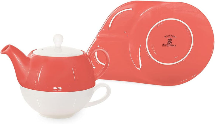 Buchensee Tea for One mit Sieb Lena 500ml aus Crystal Bone China Porzellan in coralrot. Teekanne + T