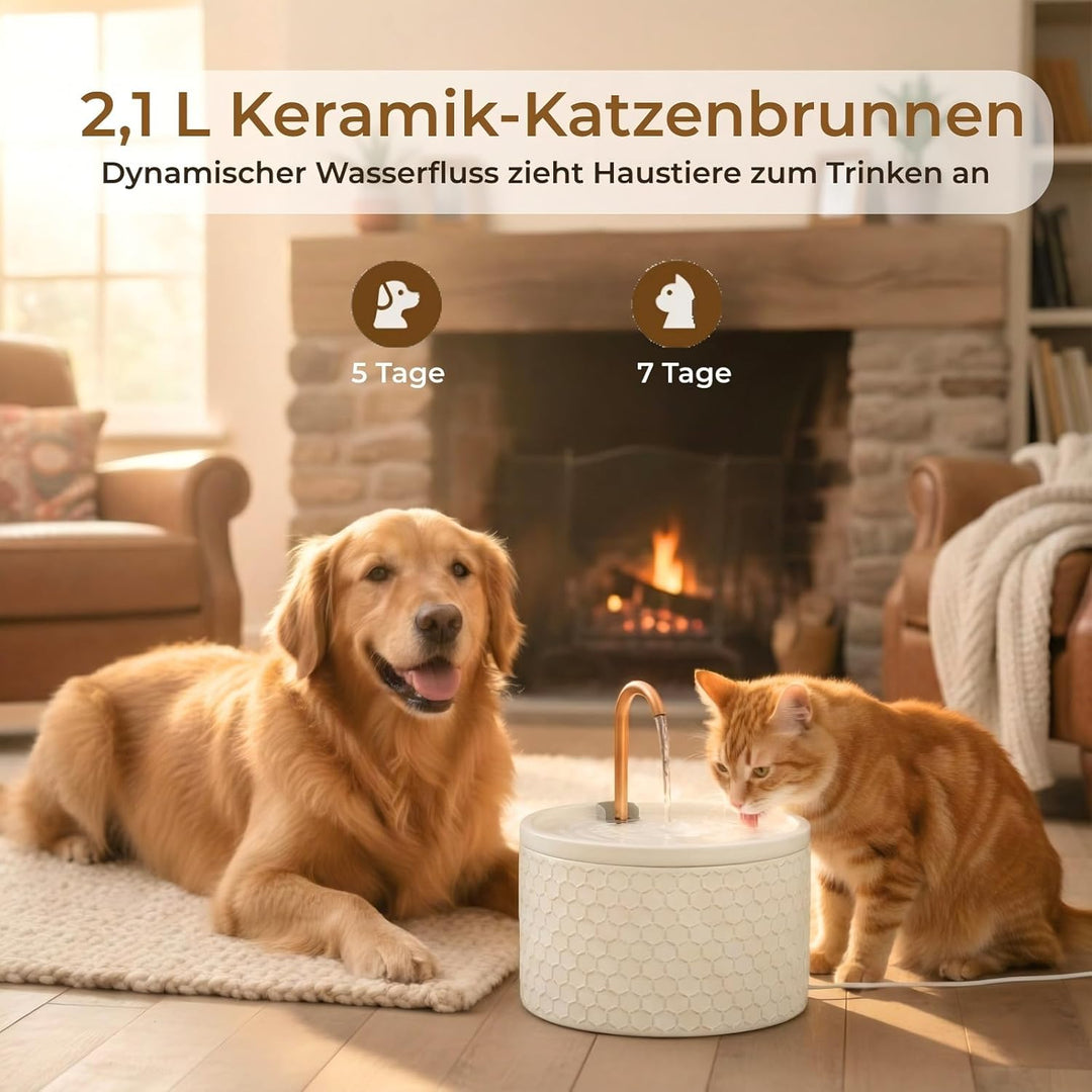 MISFANS Katzenbrunnen Keramik, 2.1L Trinkbrunnen für Katze, Leiser Wasserspender für Haustiere, Katz