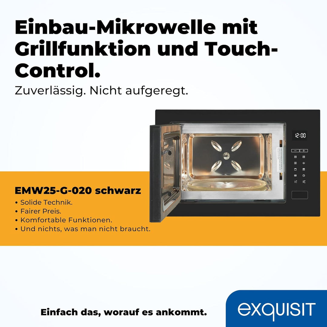 Exquisit EMW25-G-020 Schwarz | 60cm Einbaumikrowelle | Grillfunktion | Touch | Timer | Schnellstart