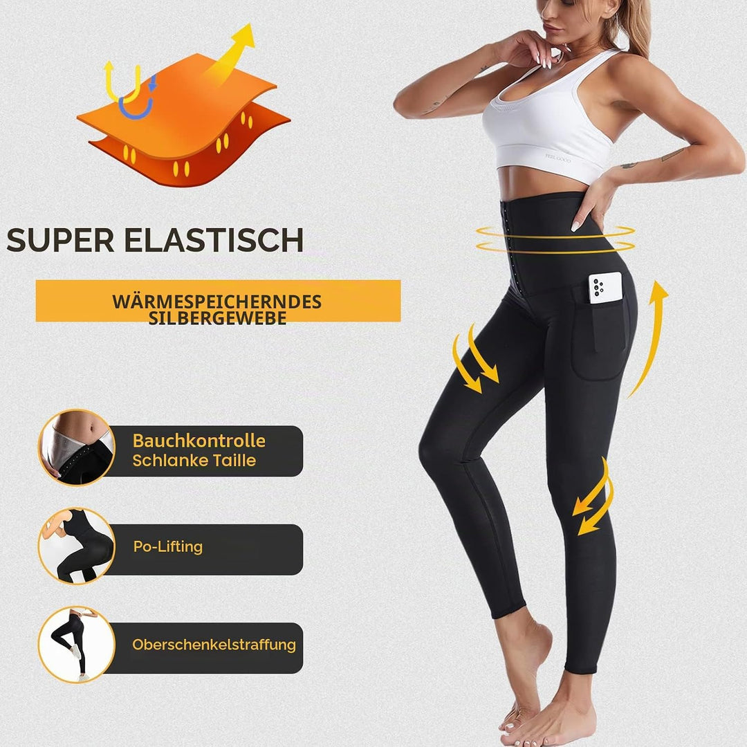 Merlvida Schwitzhose zum Abnehmen Sauna Leggings Damen High Waist Sportleggins mit Taschen Hot Therm