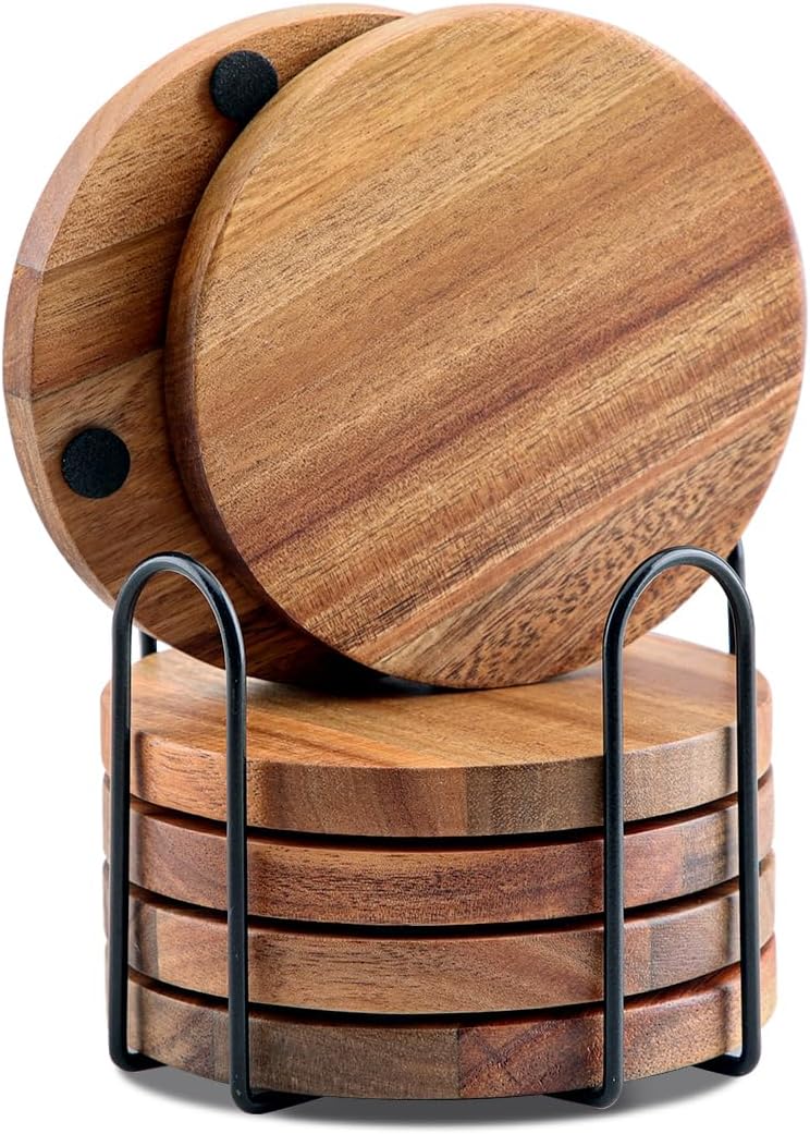 Untersetzer Gläser Holz 6er Set, Glasuntersetzer aus Akazienholz mit Halter, Holz untersetzer Rund,