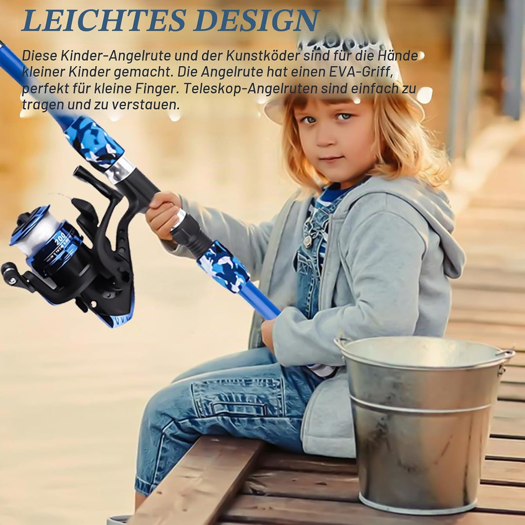 Angelset für Kinder: Angelrute Set mit Angelrolle und Köder Set, Kohlefaser Teleskop Angelrute 1.8m,