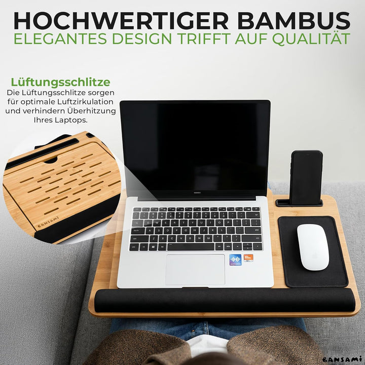 Knietablett Mit Kissen Aus Bambus, Verstellbare Laptop Unterlage Mit Handyhalter Und Mousepad, Lapto