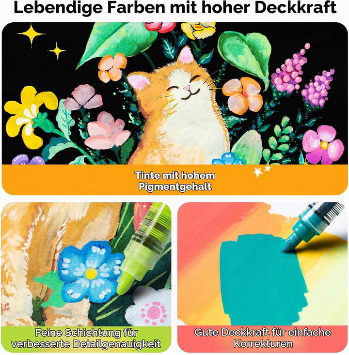 Ohuhu Acrylstifte mit Rundspitze 48 Farben – Auto-Tintenregulierung, Hochdeckende Acrylic Markers, W