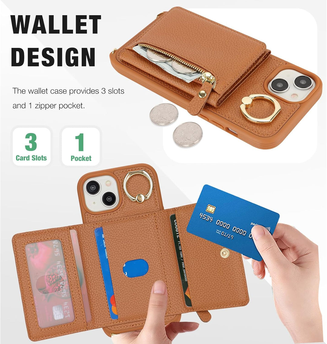 ELTEKER Handyhülle für iPhone 13 Hülle mit Band Kartenfach Ringhalterung Geldbörse,Leder Klapphülle
