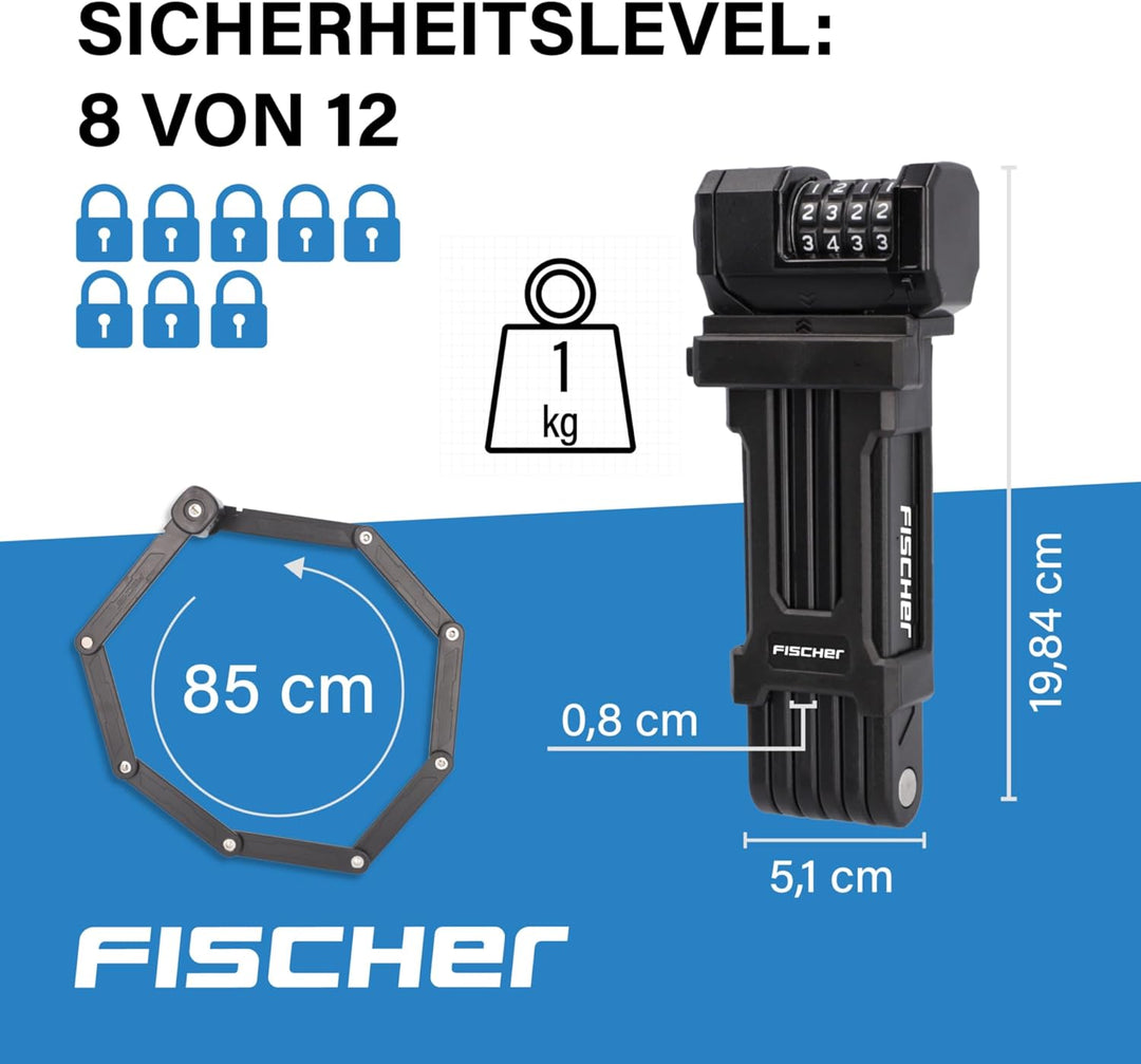 FISCHER Faltschloss Fahrrad Protec FN85, 4-fach Zahlenwalze mit 10.000 Zahlenkombinationen, kunststo