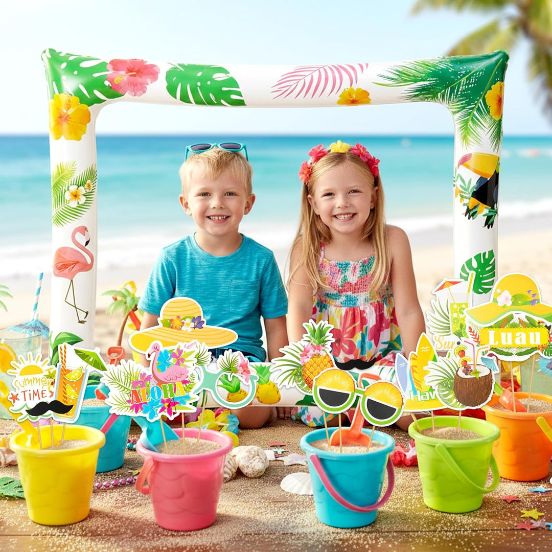 30 Stück Hawaii Fotobox Accessoires Set mit Aufblasbarem Fotorahmen, Foto Requisiten &amp; Party Deko fü
