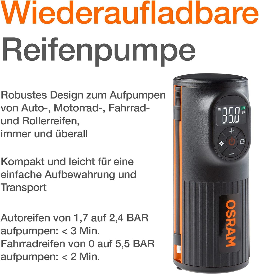 OSRAM TYREinflate 2000, kompakte wiederaufladbare Reifenpumpe mit LED Licht, tragbarer Kompressor fü