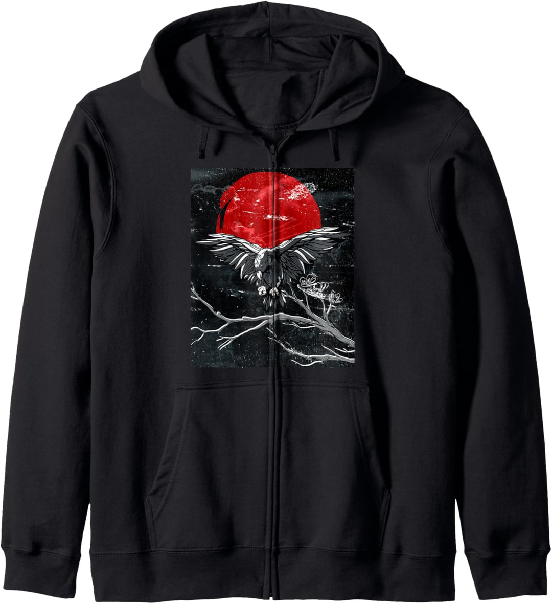 Roter Mond mit Rabe Japanisch Schwarze Krähe Kapuzenjacke
