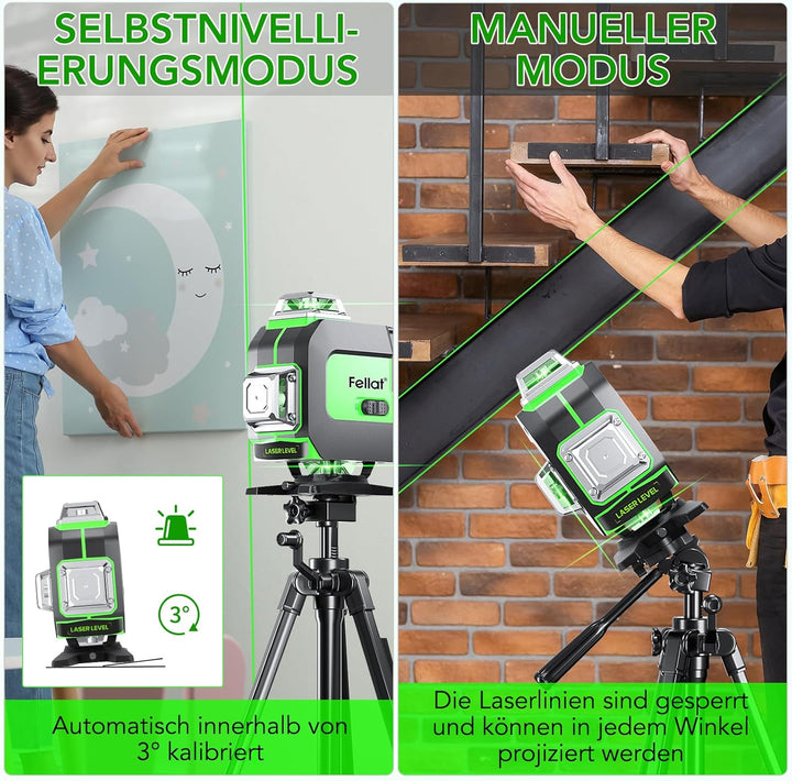 Kreuzlinienlaser 4x360°, FELLAT Grün Selbstnivellierend Laser Wasserwaage 16 Linienlaser Rotationsla