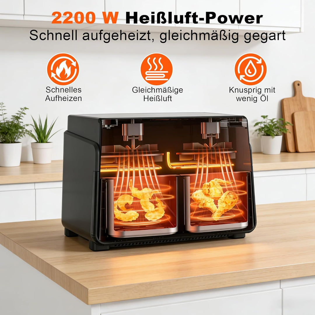 Citybee Heissluftfritteuse 2 Kammern XXL 10L (5L+5L) mit Sichtfenster, Dual Zone Airfryer Doppelkamm