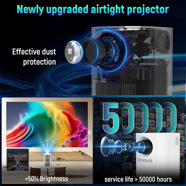 Mini Projektor Unterstützt 4K 1080P, Mini Beamer mit WLAN und Bluetooth, Tragbarer Projektor mit Aut