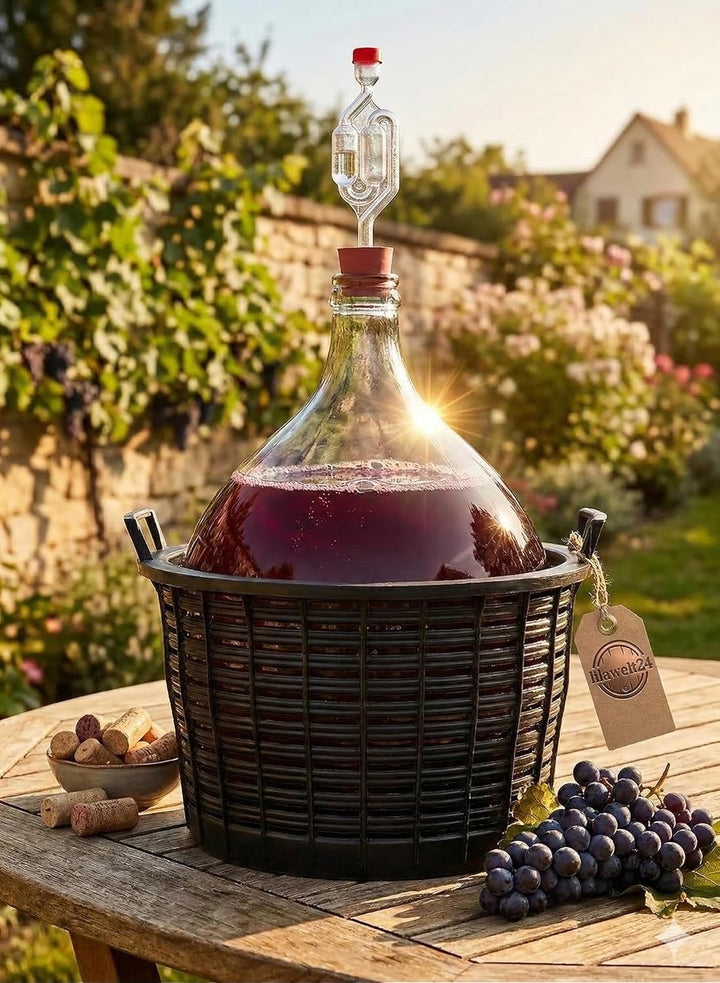 lilawelt24 Glasballon 25L Set mit Gärröhrchen und Gummistopfen - Weinballon im Schutzkorb - Hergeste