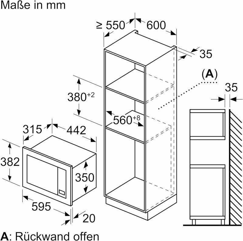 Bosch BFL623MB3 Serie 2 Einbau-Mikrowelle, 38 x 60 cm, 800 W, Drehteller 27 cm, Türanschlag Links, A