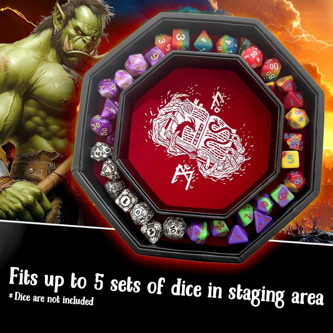 Fantasydice RED Fire Dragon with Wizard Book Print Dice Tray 8" Octagon with Lid and Dice Staging Ar