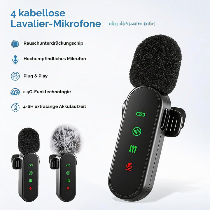 Kabellose Lavalier-Mikrofone mit LED-Anzeige, 4 Stück, Lavalier-Mikrofone, Clip-on-Mikrofon, Auto-Pa