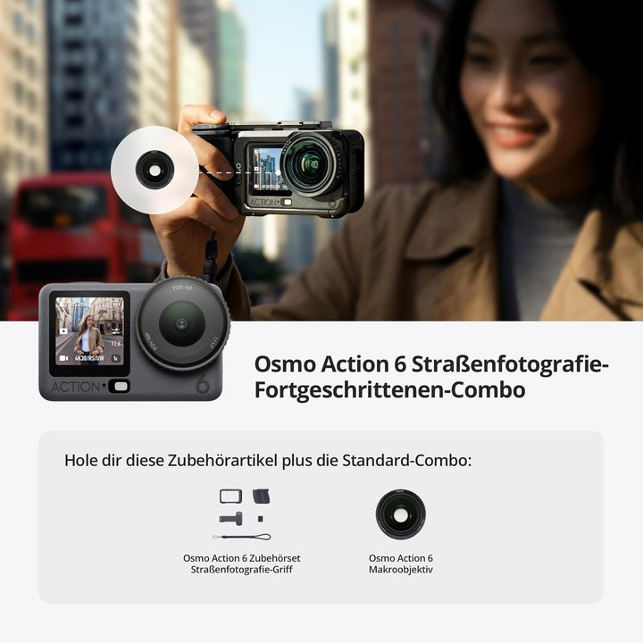 DJI Osmo Action 6 Vlog Advanced Combo, Unterwasser-Action-Cam mit Handgriff + Zubehörschuh-Auslösekn