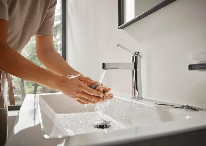 hansgrohe Waschtischarmatur Finoris, Wasserhahn Bad mit Auslauf Höhe 110 mm, mit Push-Open Ablaufgar