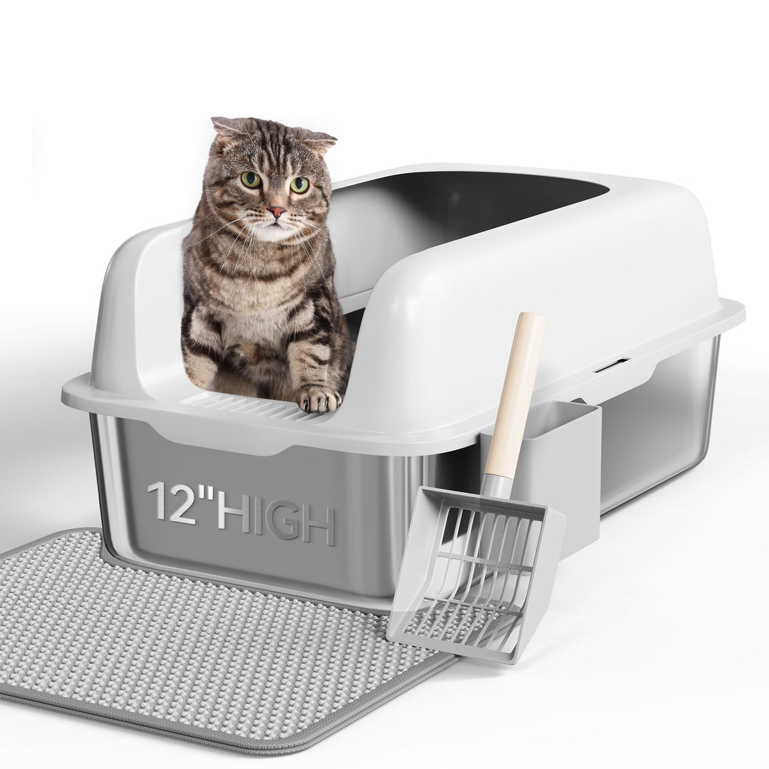 YITAHOME Edelstahl-Katzentoilette mit Deckel, XXL Extra Grosses Katzenklo mit Schaufel – Rutschfeste