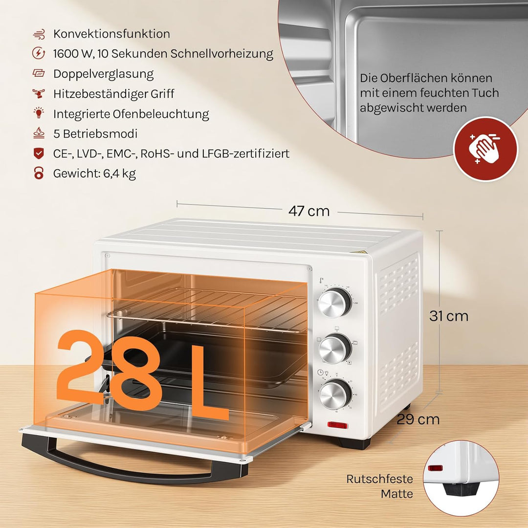WOLTU Mini Backofen 25 Liter, 1400 Watt Toasterofen | Pizzaofen | Krümelblech mit Timer Minibackofen