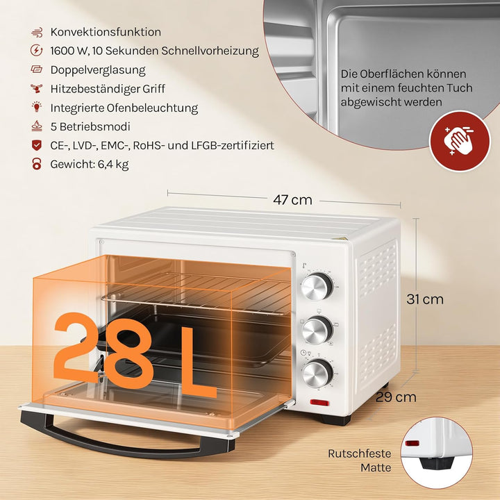 WOLTU Mini Backofen 25 Liter, 1400 Watt Toasterofen | Pizzaofen | Krümelblech mit Timer Minibackofen