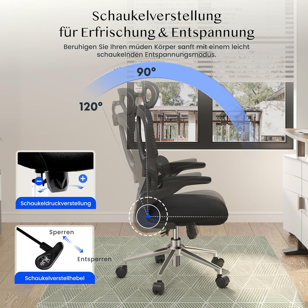 FLEXISPOT Ergonomischer Bürostuhl, Schreibtischstuhl mit 2D-Kopfstütze, Klappbare Armlehnen & Dynami