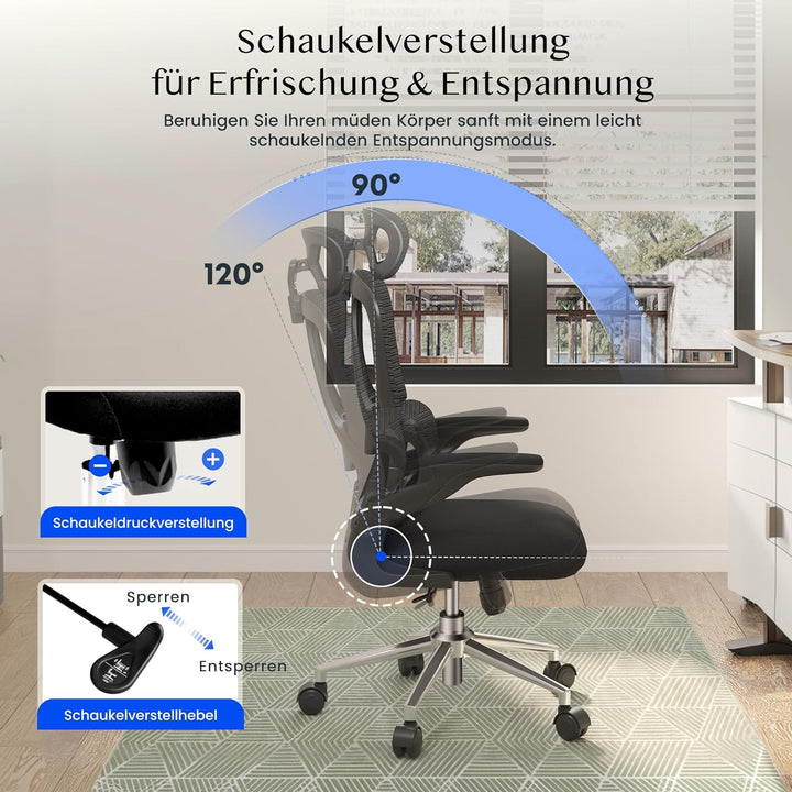 FLEXISPOT Ergonomischer Bürostuhl, Schreibtischstuhl mit 2D-Kopfstütze, Klappbare Armlehnen & Dynami