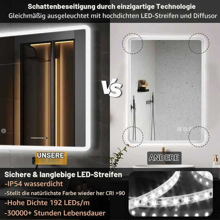 Badezimmerspiegel mit Beleuchtung LED, 70x100cm Spiegel mit Light, Wandspiegel mit Frontbeleuchtung,