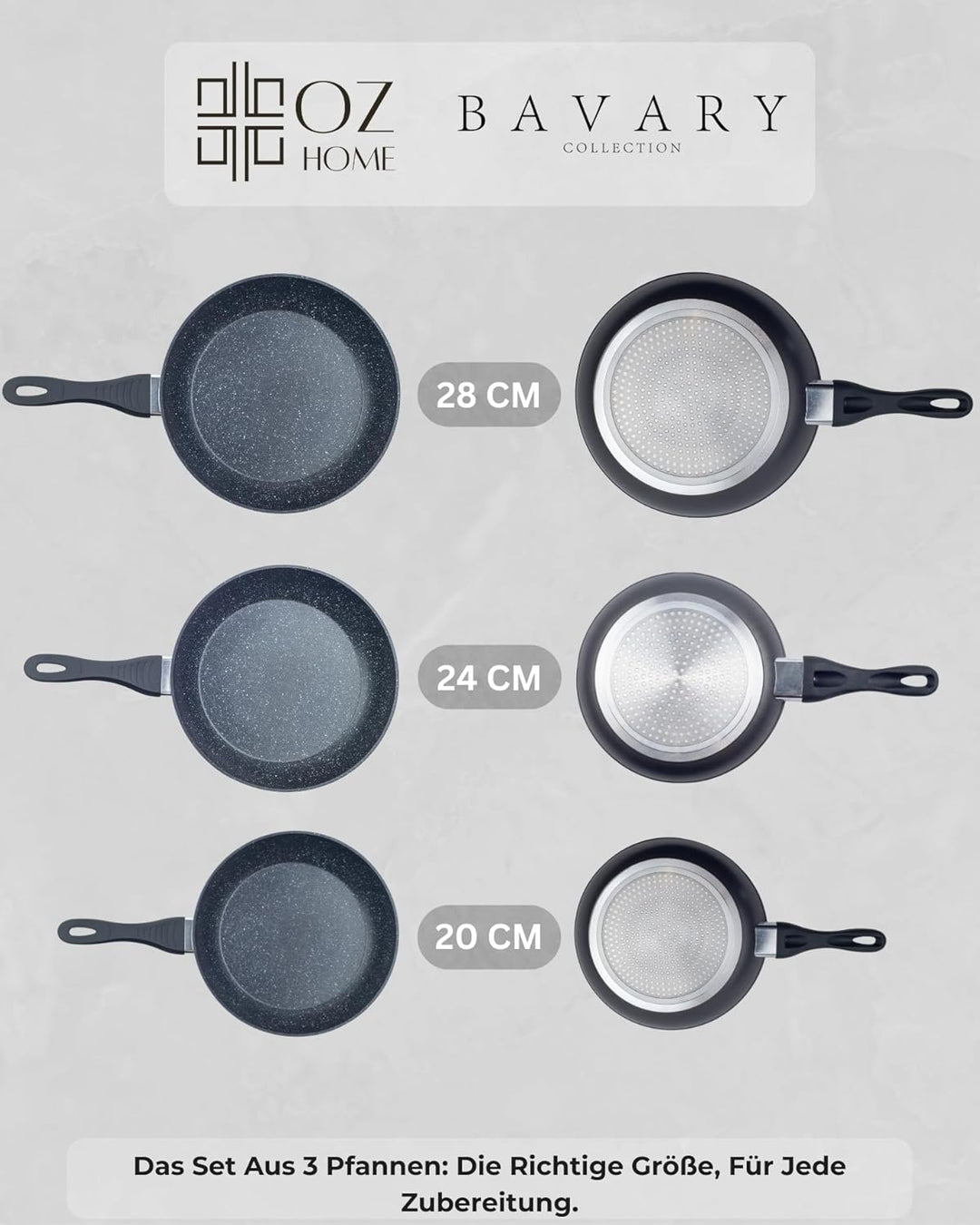 Bavary Bratpfannenset 3-teilig 20/24/28 cm – Granit Antihaftbeschichtung – PFOA & PTFE-frei – Gegoss