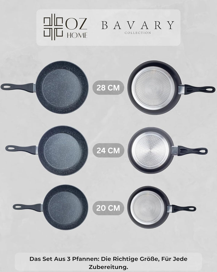 Bavary Bratpfannenset 3-teilig 20/24/28 cm – Granit Antihaftbeschichtung – PFOA & PTFE-frei – Gegoss