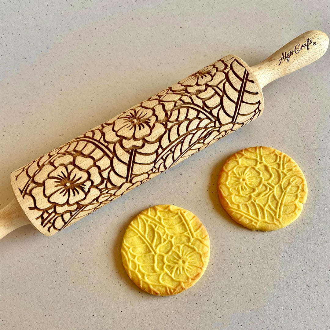 DECKCHEN Nudelholz. Teigrolle mit Blumenmotive für Hausgemachtes Gebäck und Keramik. Präge Teigrolle