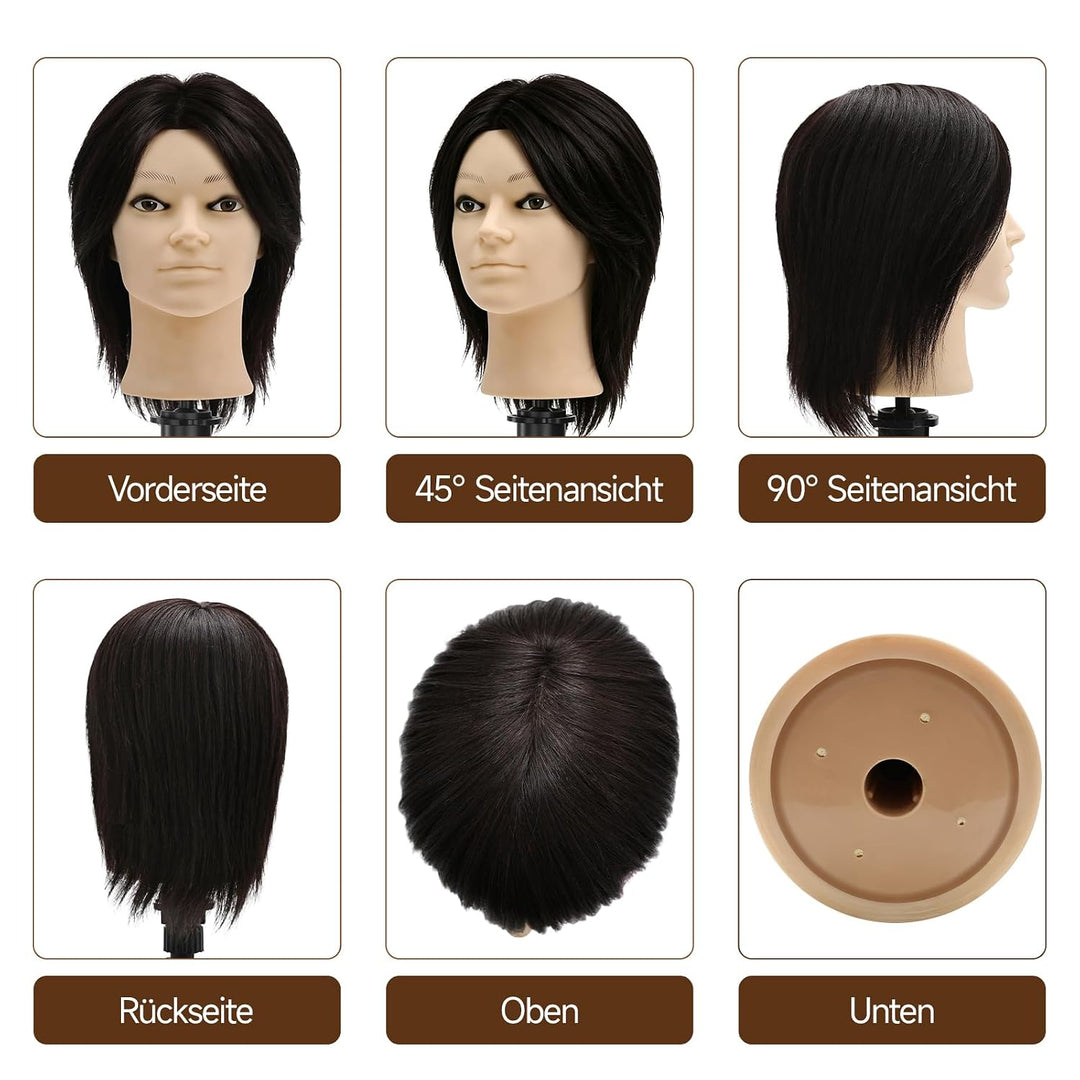 TwoWin 13 Zoll (33 cm) Frisierkopf Echthaar, Mann Friseurkopf Übungskopf 100% echthaar, Trainingskop