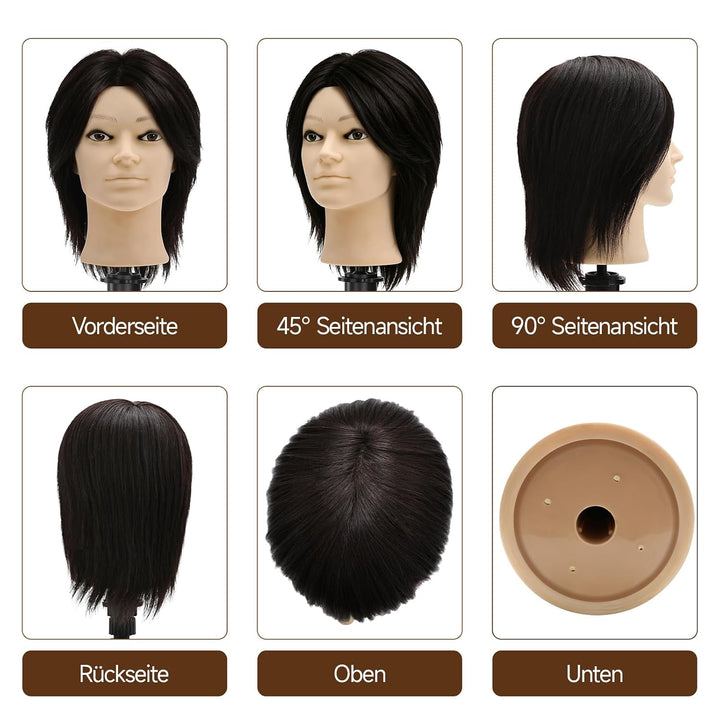 TwoWin 13 Zoll (33 cm) Frisierkopf Echthaar, Mann Friseurkopf Übungskopf 100% echthaar, Trainingskop
