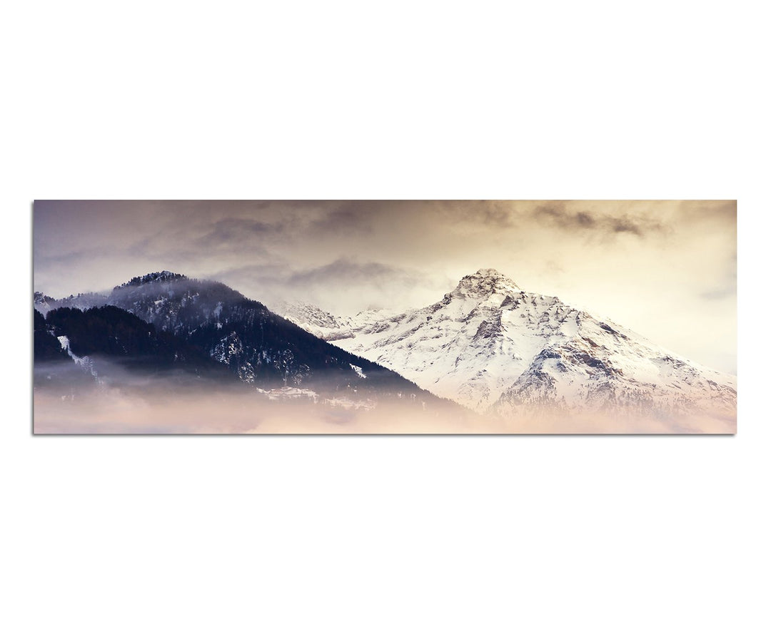 Paul Sinus Art Panoramabild auf Leinwand und Keilrahmen 150x50cm Berge Bäume Nebel Schnee Dämmerung