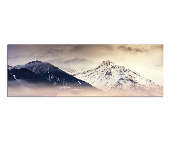 Paul Sinus Art Panoramabild auf Leinwand und Keilrahmen 150x50cm Berge Bäume Nebel Schnee Dämmerung